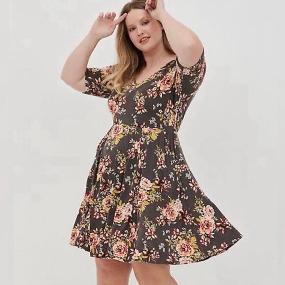 Torrid Gray&Peach Floral Supersoft Midi Dress Sz.2 - Picture 1 of 16